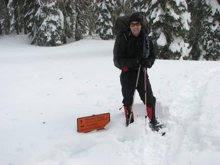 Kevin at the junction for Mazama Ridge. Breaking trail from here was tiring through the heavy, wet snow.