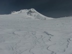 Wind sculpted snow with Mt. Hood in the background