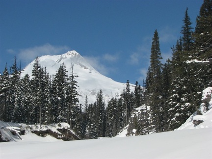 Mt. Hood from Newton Creek. This view shows the canyon that begins just upstream from where the summer trail crosses Newton Creek.