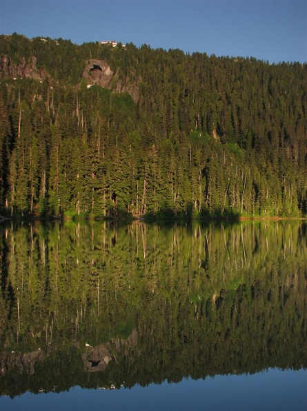 Lake James and the Natural Bridge above the lake along the Northern Loop Trail at Mt. Rainier National Park.