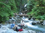 Zach and Drew getting water at Ipsut Falls before hitting the trail to Carbon River Camp.