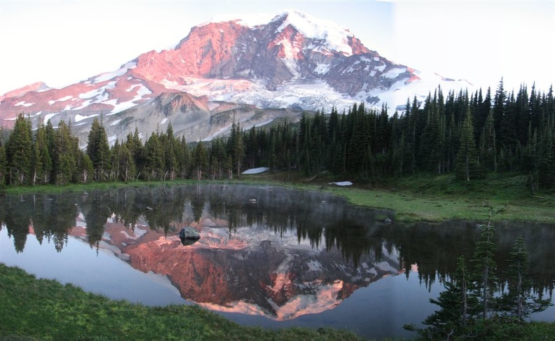 Mt. Rainier at sunset along the Wonderland Trail above the saddle between Moraine Park and Mystic Lake.