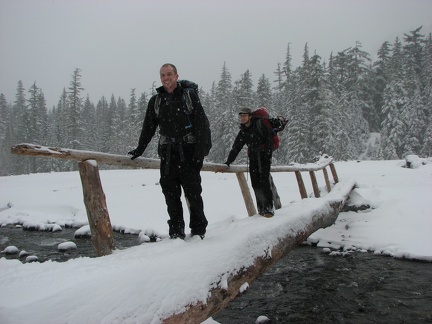 Mark and Tim crossing the Nisqually at Cougar Rock Campground.