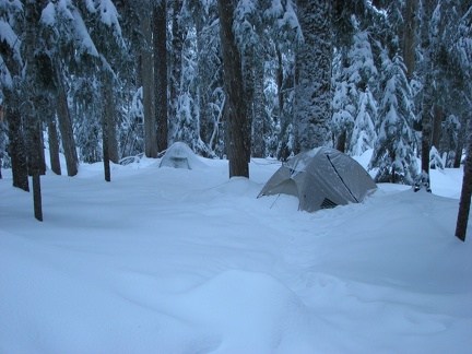 Meagan's tent the next morning. Look at all that new snow.