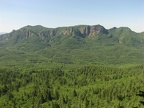 Saddle Mountain viewpoint looking at a Mountain Ridge to the west looking across a forested valley of Red Alder and Douglas Fir