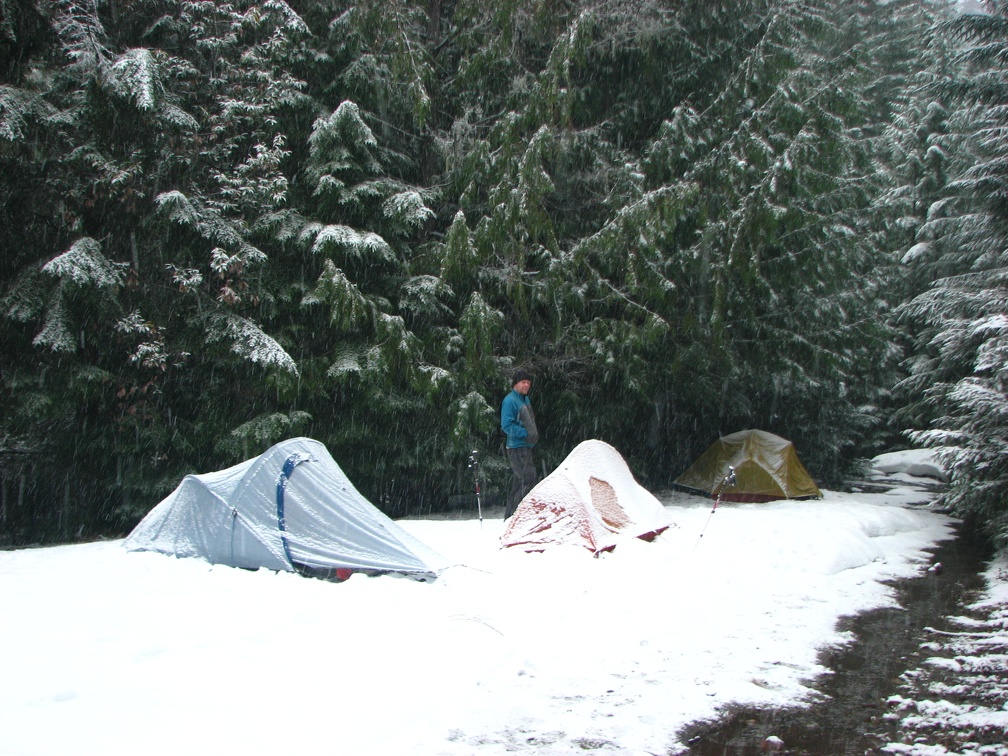 It was dark when we drove almost to the trailhead before before the snow was too deep on the road to continue. We camped at the trailhead Friday night. The weather cooled overnight and the wet snow froze to the tents.