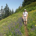Kevin taking in the sights along  PCT heading to Table Mountain through a field of wildflowers.