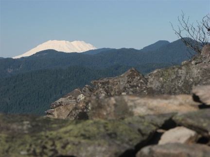 Looking east from just below the summit of Wind Mountain, Mt. Adams peeks out from the mountain ridges.