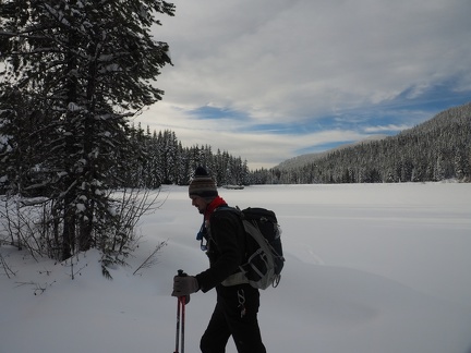 Snowshoeing on Trillium Lake looking towards Mt. Hood.