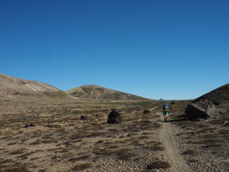 Heidi crossing the Plains of Abraham. You can see how little plantlife there is 36 years after the eruptuion.