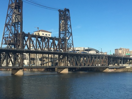 Portland East Bank Esplanade Steel Bridge with a bus and MAX train