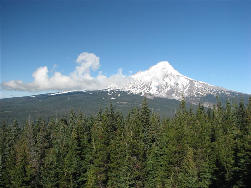 Mt. Hood rises above the forests and puts on a show for those select places with an unobstructed view. This promontory is a great spot to take in the view.